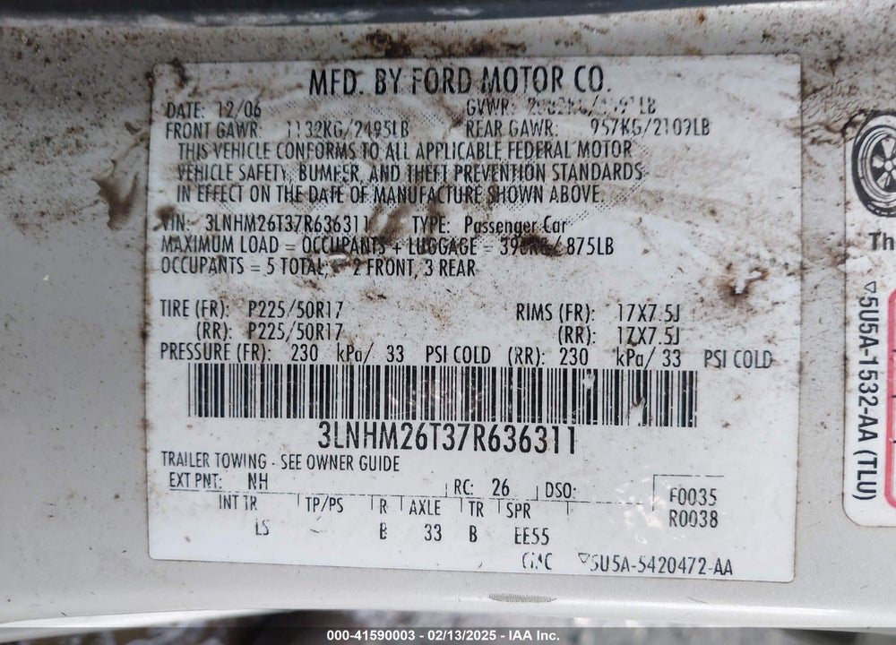2007 LINCOLN MKZ VIN: 3LNHM26T37R636311