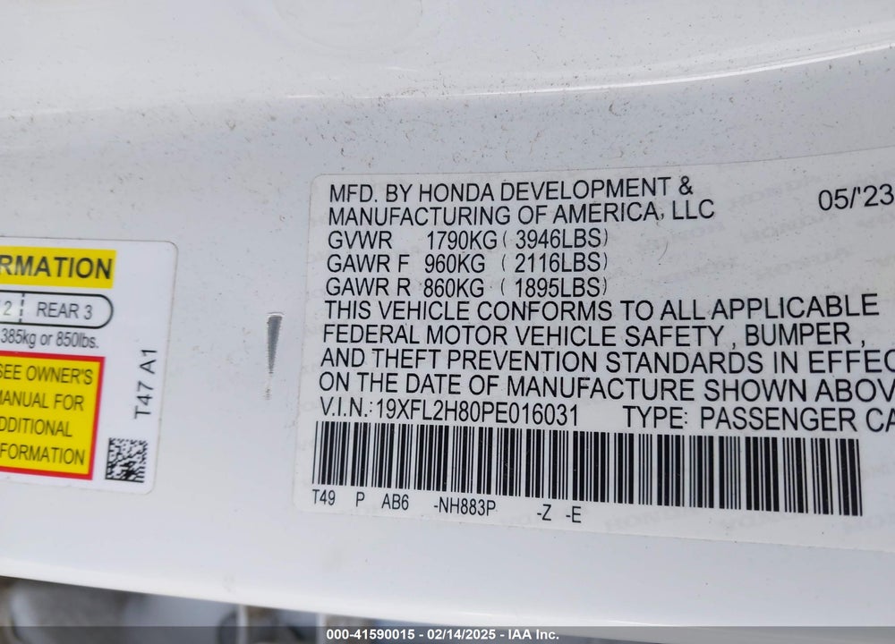 2023 HONDA CIVIC VIN: 19XFL2H80PE016031