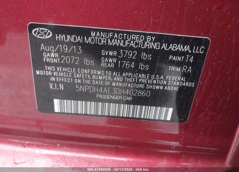 2013 HYUNDAI ELANTRA GLS VIN: 5NPDH4AE3DH402860
