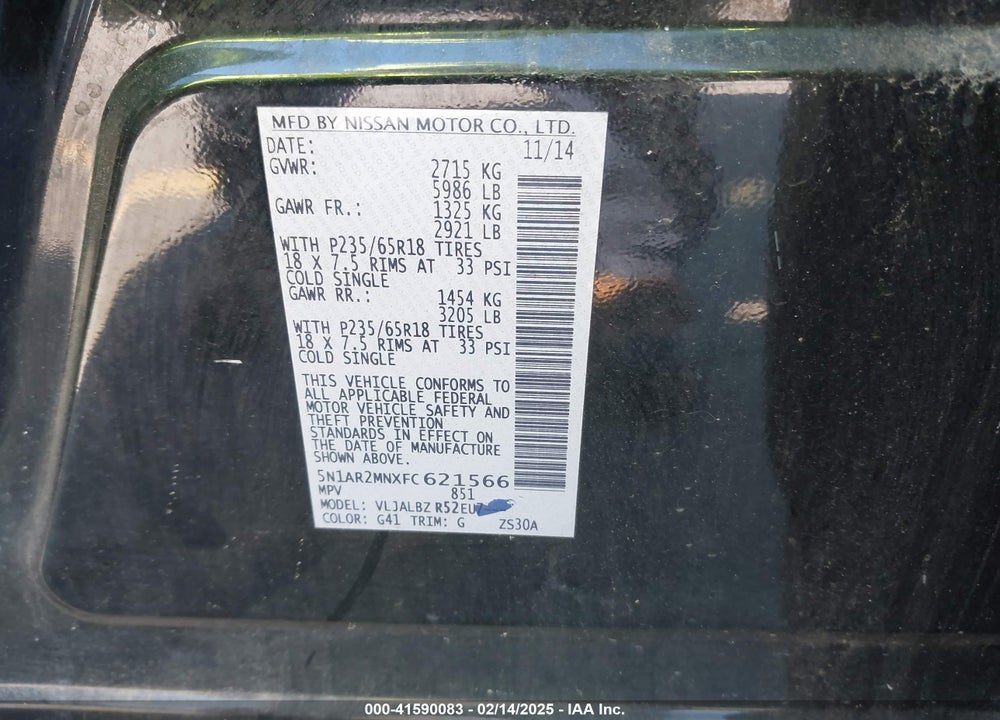 2015 NISSAN PATHFINDER S VIN: 5N1AR2MNXFC621566
