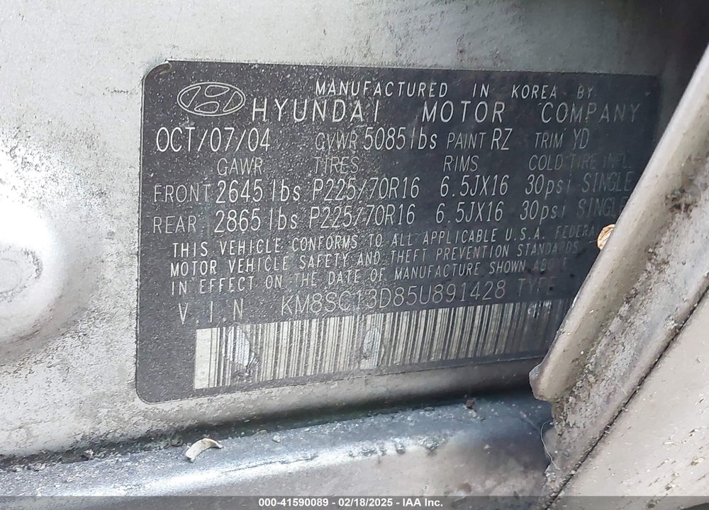 2005 HYUNDAI SANTA FE GLS VIN: KM8SC13D85U891428
