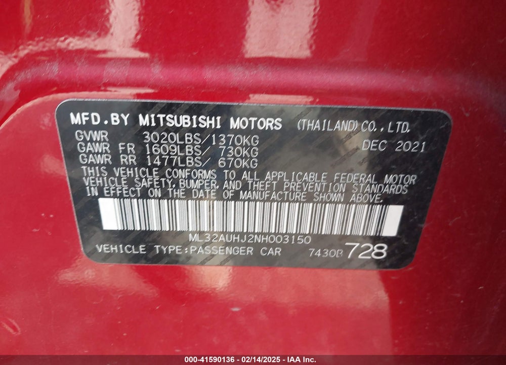 2022 MITSUBISHI MIRAGE VIN: ML32AUHJ2NH003150