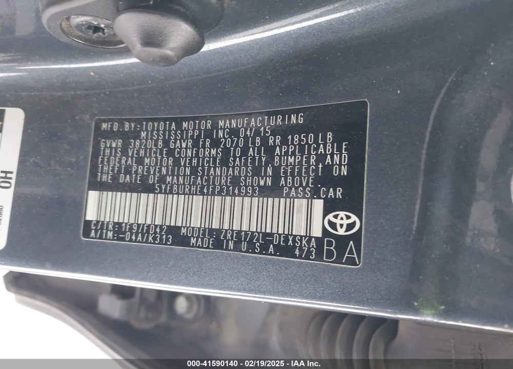 2015 TOYOTA COROLLA VIN: 5YFBURHE4FP314993
