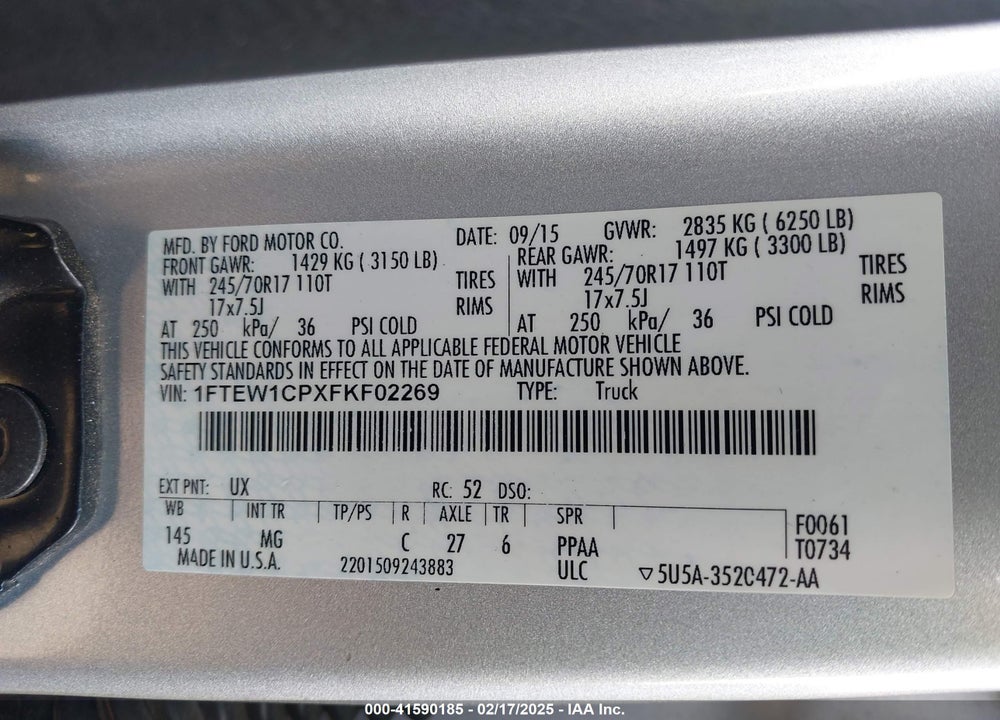 2015 FORD F150 SUPERCREW VIN: 1FTEW1CPXFKF02269