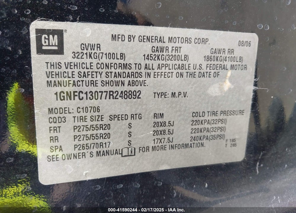 2007 CHEVROLET TAHOE VIN: 1GNFC13077R248892