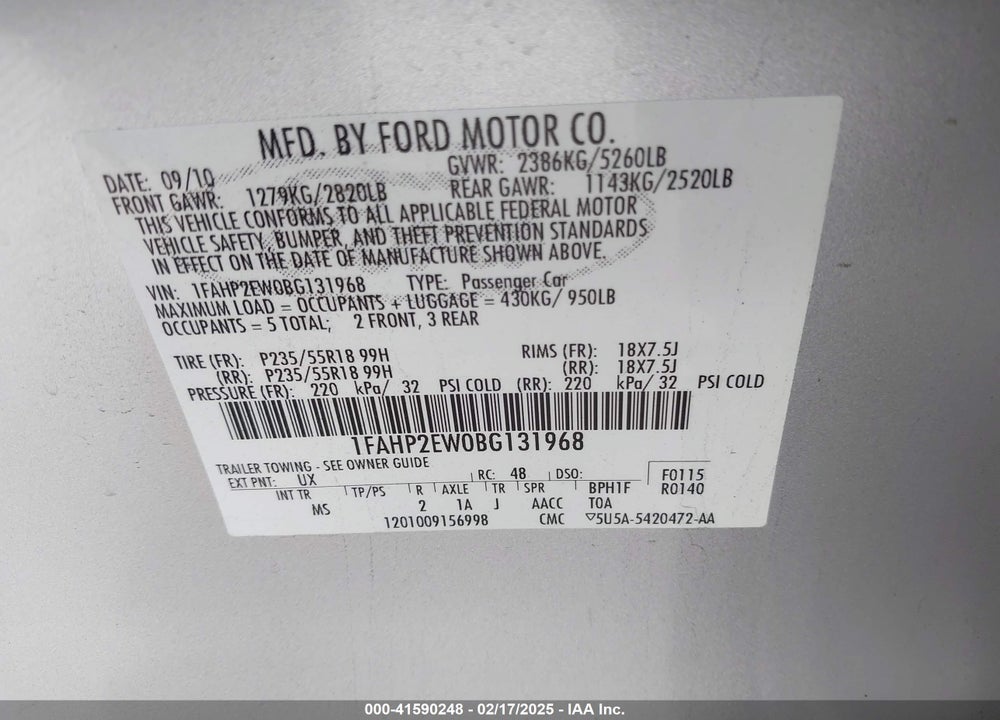 2011 FORD TAURUS SEL VIN: 1FAHP2EW0BG131968