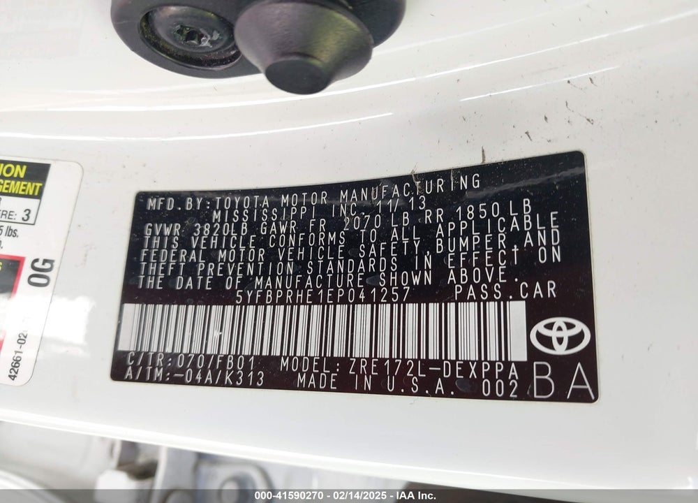 2014 TOYOTA COROLLA VIN: 5YFBPRHE1EP041257