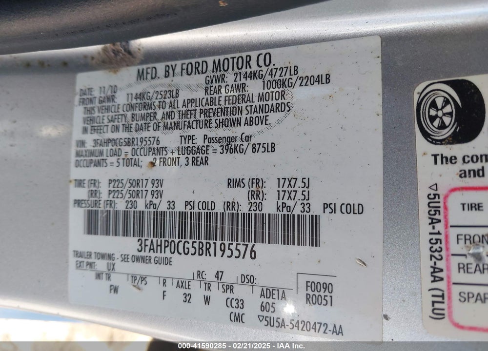 2011 FORD FUSION SEL VIN: 3FAHP0CG5BR195576