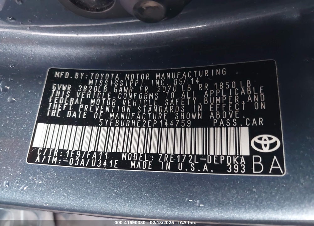 2014 TOYOTA COROLLA VIN: 5YFBURHE2EP144759