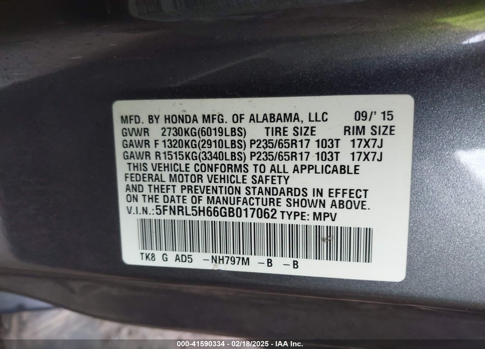 2016 HONDA ODYSSEY EX-L VIN: 5FNRL5H66GB017062