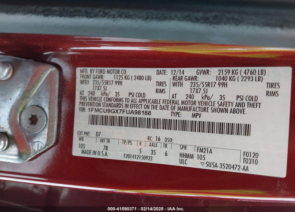 2015 FORD ESCAPE VIN: 1FMCU9GX7FUA98188