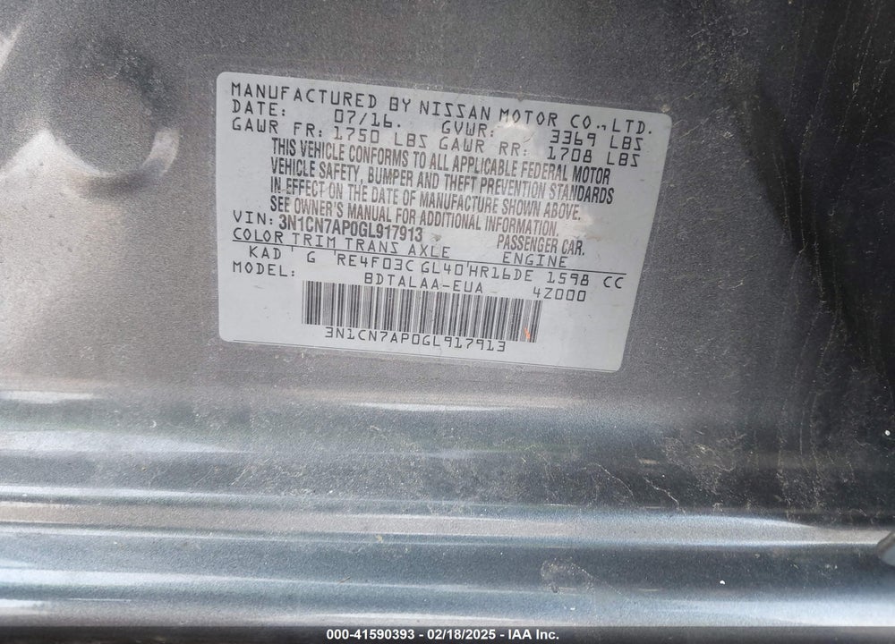 2016 NISSAN VERSA VIN: 3N1CN7AP0GL917913