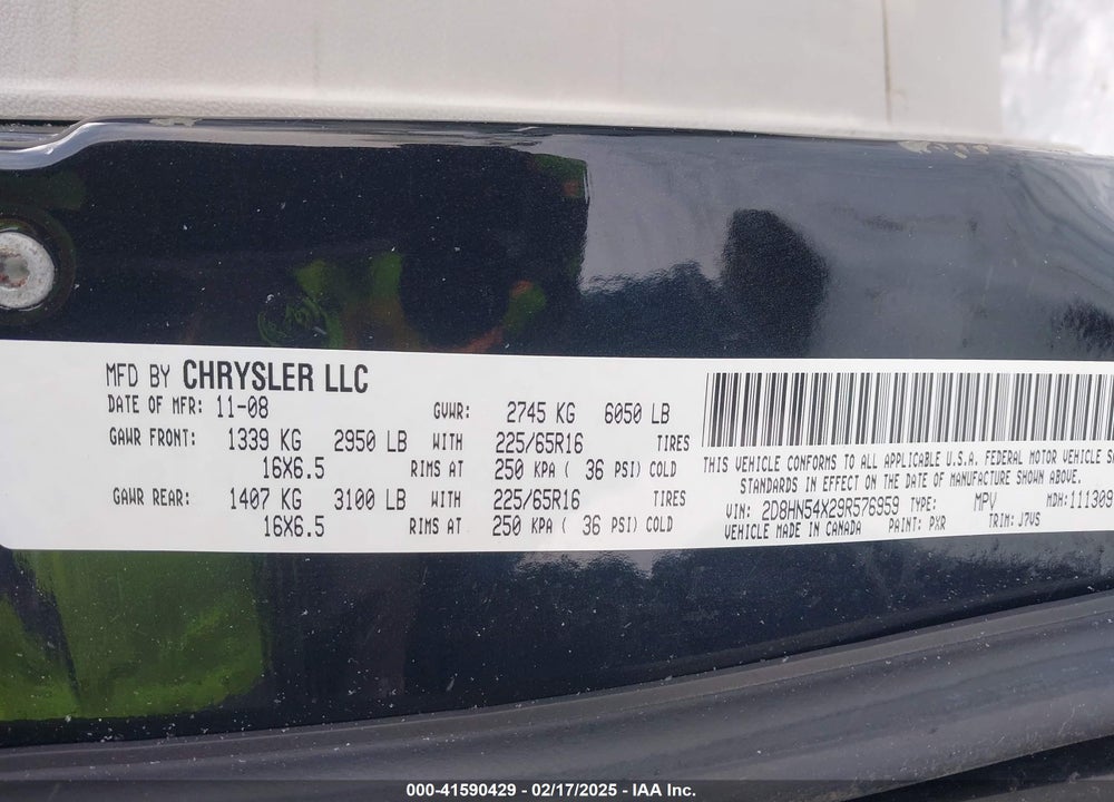2009 DODGE GRAND CARAVAN VIN: 2D8HN54X29R576959