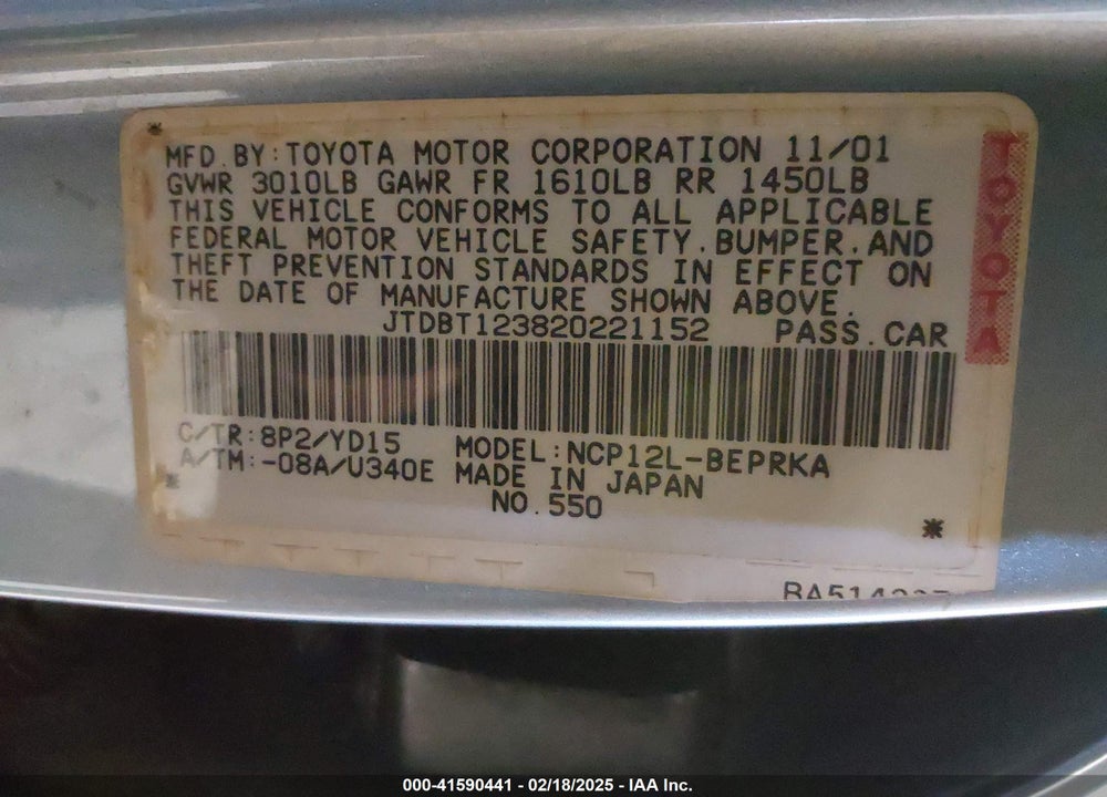 2002 TOYOTA ECHO VIN: JTDBT123820221152
