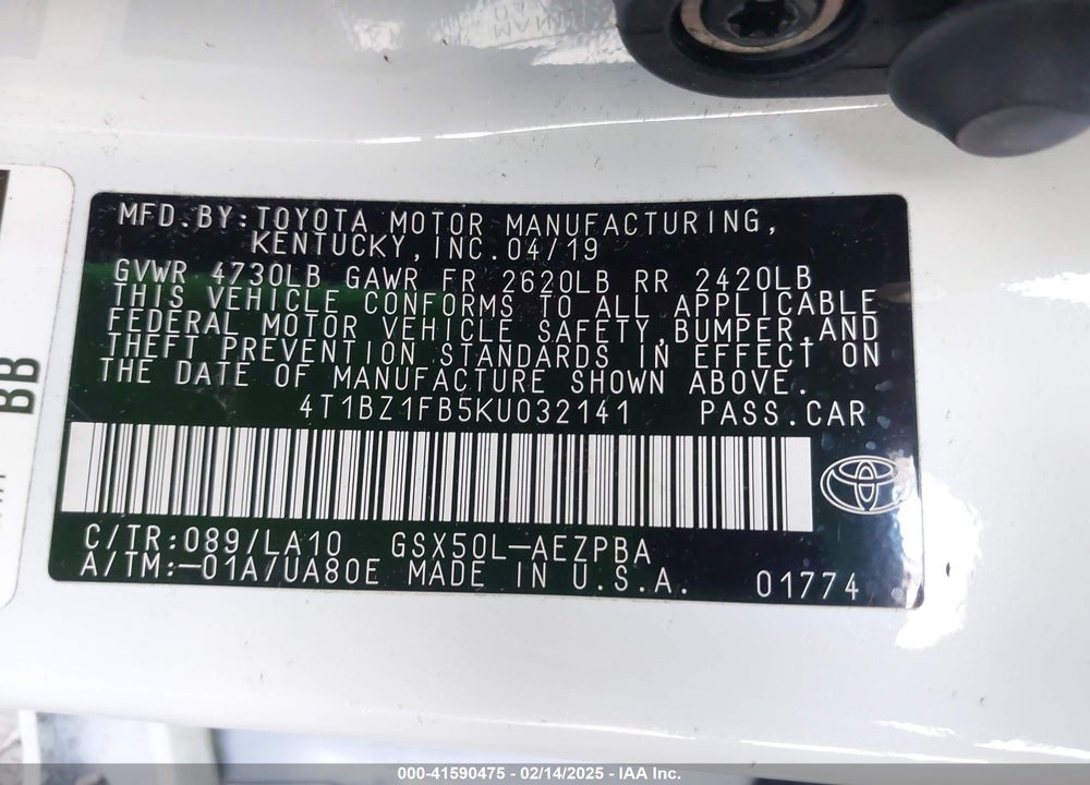 2019 TOYOTA AVALON LIMITED VIN: 4T1BZ1FB5KU032141