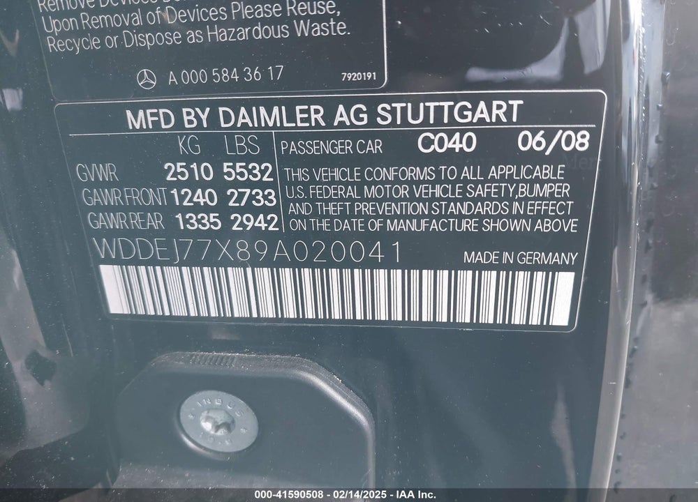 2009 MERCEDES-BENZ CL 63 AMG VIN: WDDEJ77X89A020041