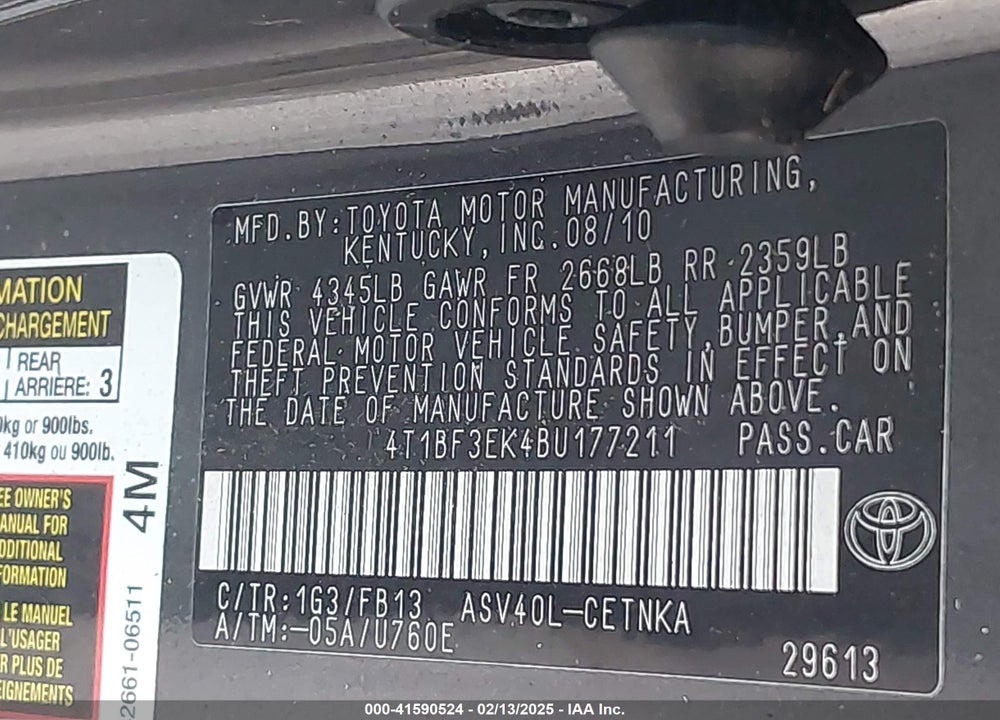 2011 TOYOTA CAMRY LE VIN: 4T1BF3EK4BU177211