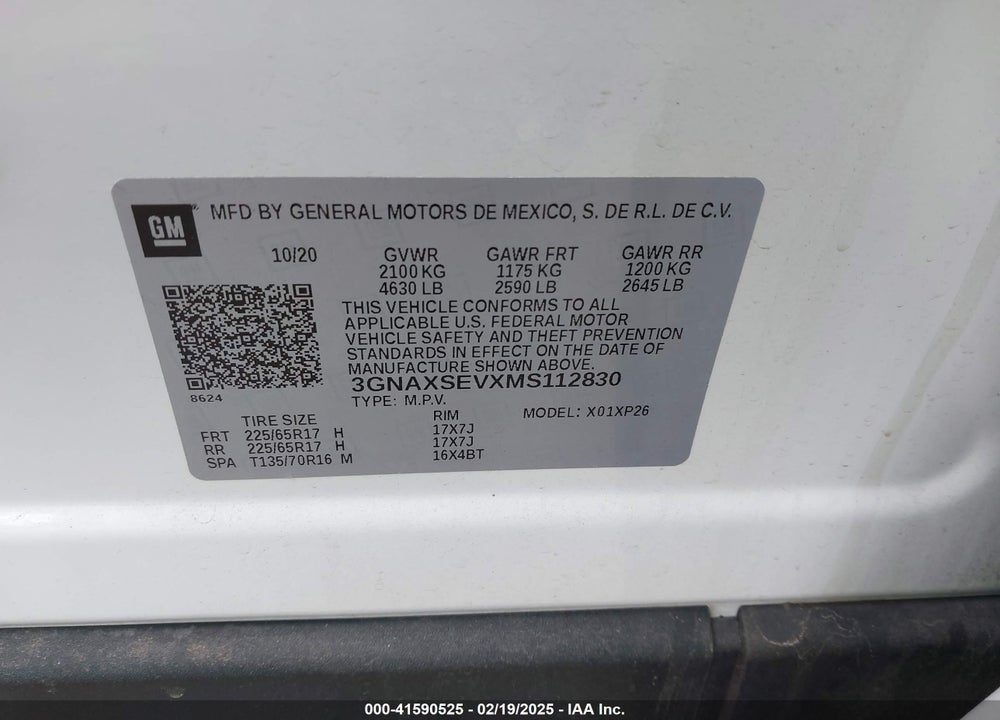 2021 CHEVROLET EQUINOX VIN: 3GNAXSEVXMS112830