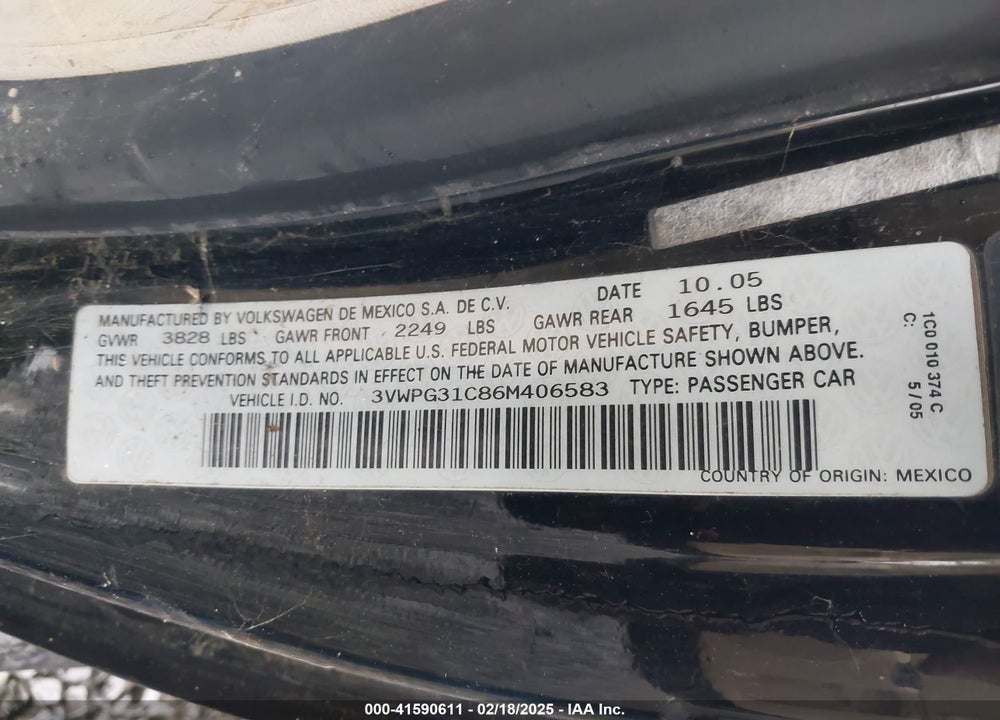 2006 VOLKSWAGEN NEW BEETLE 2.5 VIN: 3VWPG31C86M406583
