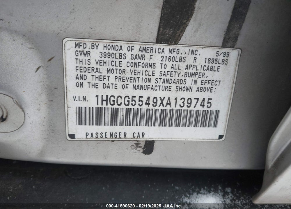 1999 HONDA ACCORD LX VIN: 1HGCG5549XA139745