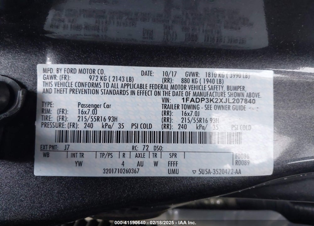 2018 FORD FOCUS SE VIN: 1FADP3K2XJL207840