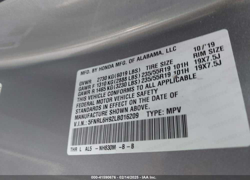 2020 HONDA ODYSSEY ELITE VIN: 5FNRL6H92LB016209