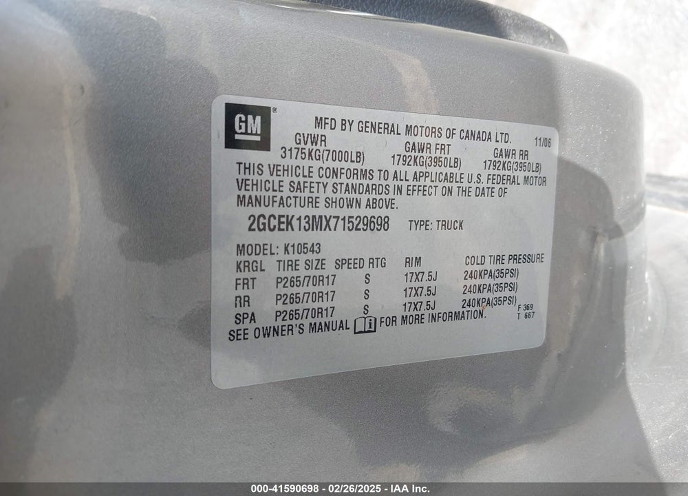 2007 CHEVROLET SILVERADO 1500 VIN: 2GCEK13MX71529698
