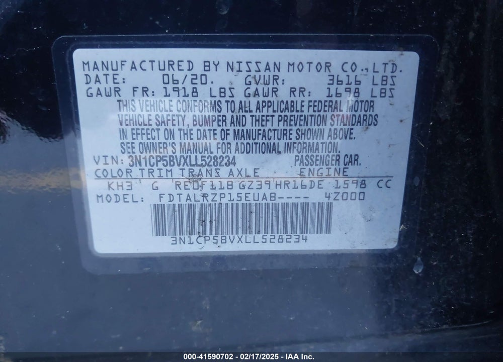 2020 NISSAN KICKS S XTRONIC CVT VIN: 3N1CP5BVXLL528234