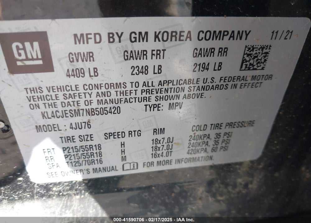 2022 BUICK ENCORE VIN: KL4CJESM7NB505420