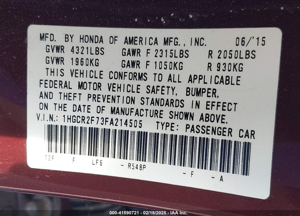 2015 HONDA ACCORD VIN: 1HGCR2F73FA214505