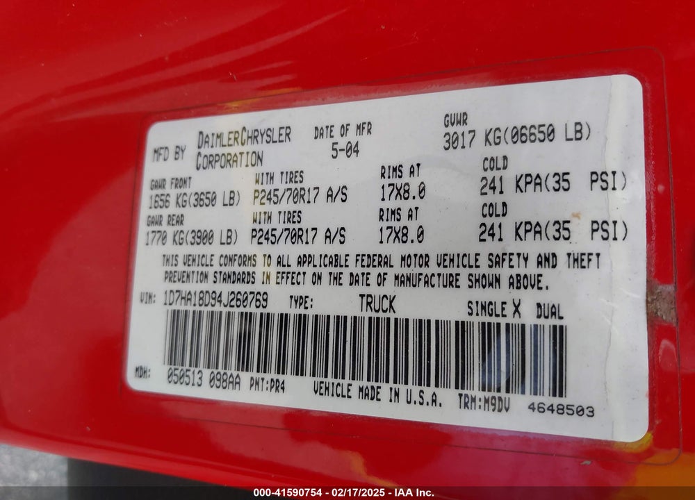 2004 DODGE RAM 1500 SLT/LARAMIE VIN: 1D7HA18D94J260769