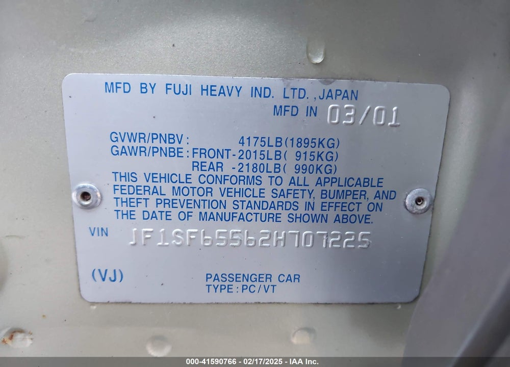 2002 SUBARU FORESTER S VIN: JF1SF65562H707225