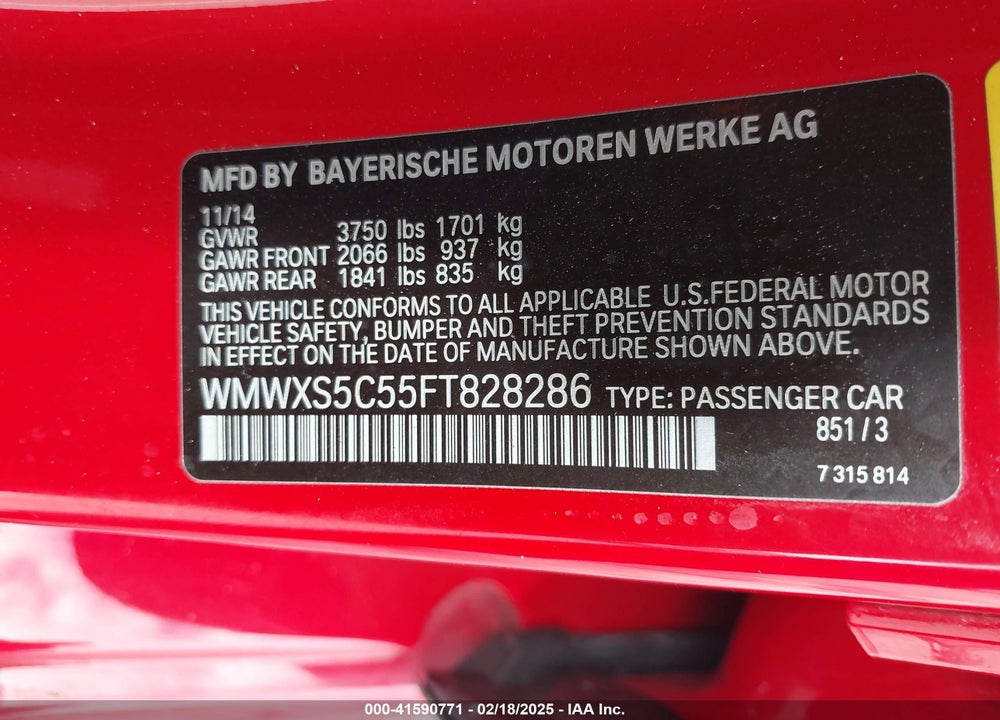 2015 MINI HARDTOP VIN: WMWXS5C55FT828286