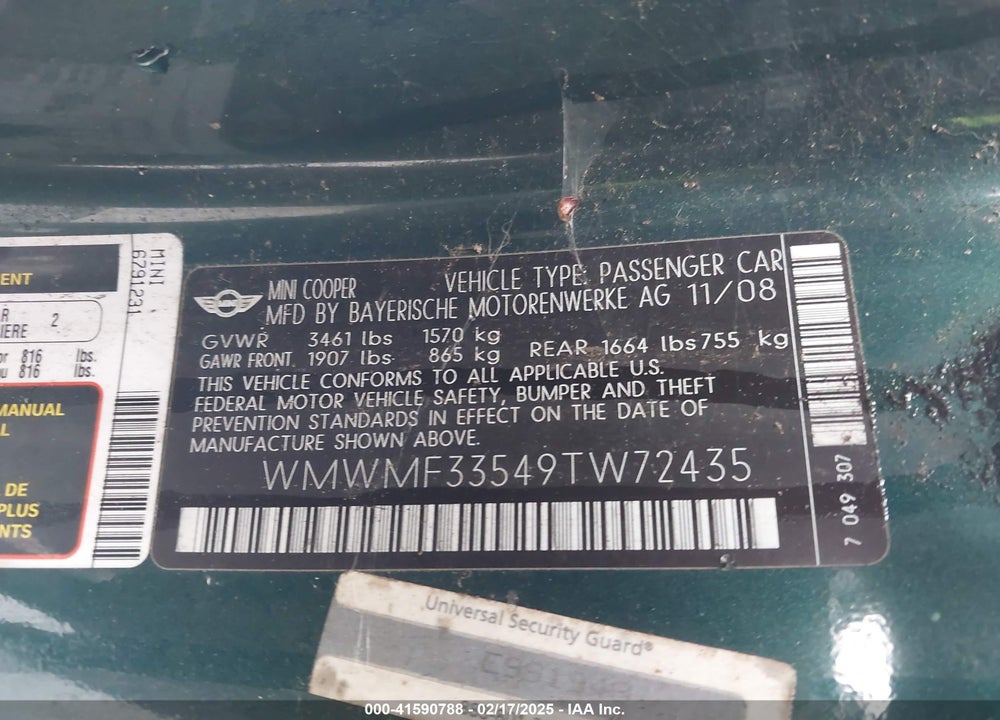 2009 MINI COOPER VIN: WMWMF33549TW72435