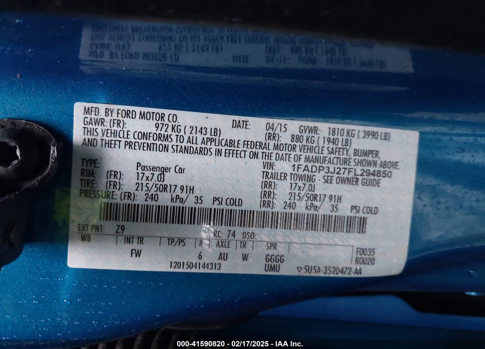 2015 FORD FOCUS VIN: 1FADP3J27FL294850