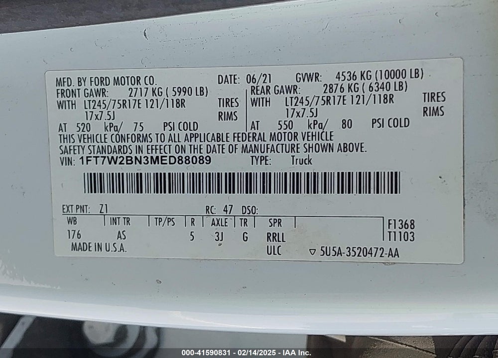 2021 FORD F-250 VIN: 1FT7W2BN3MED88089
