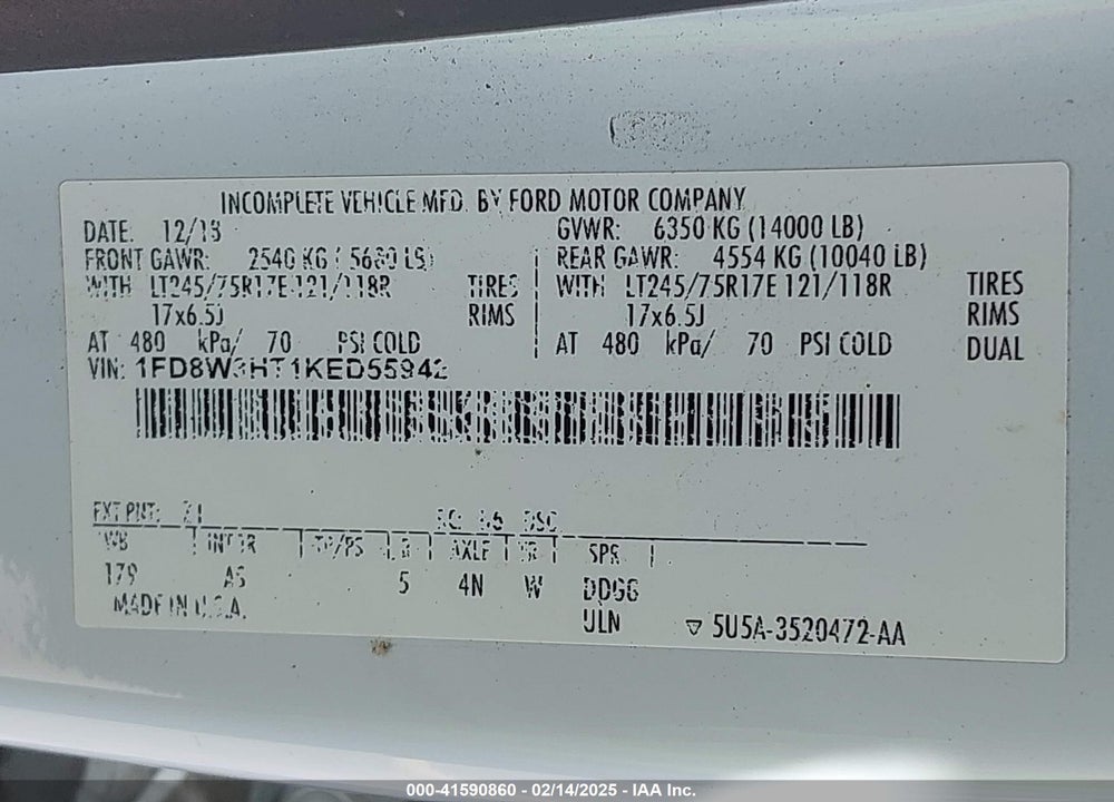 2019 FORD F-350 CHASSIS XL VIN: 1FD8W3HT1KED55942