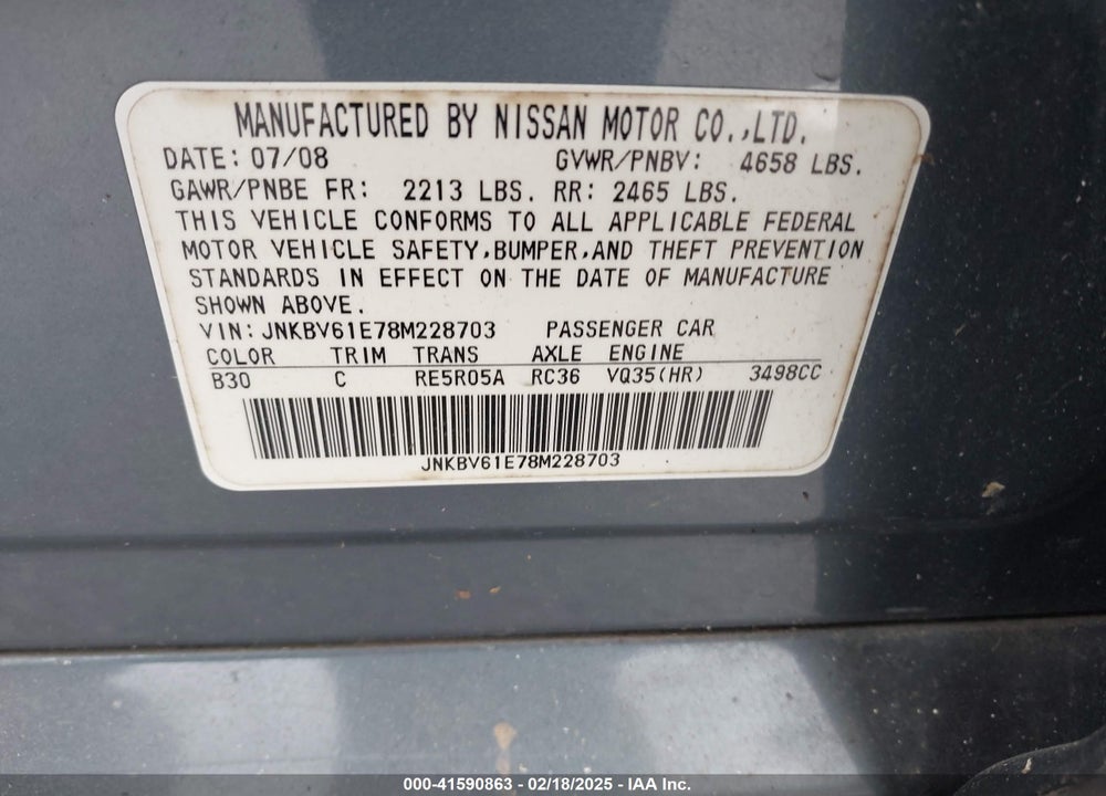 2008 INFINITI G35 JOURNEY VIN: JNKBV61E78M228703