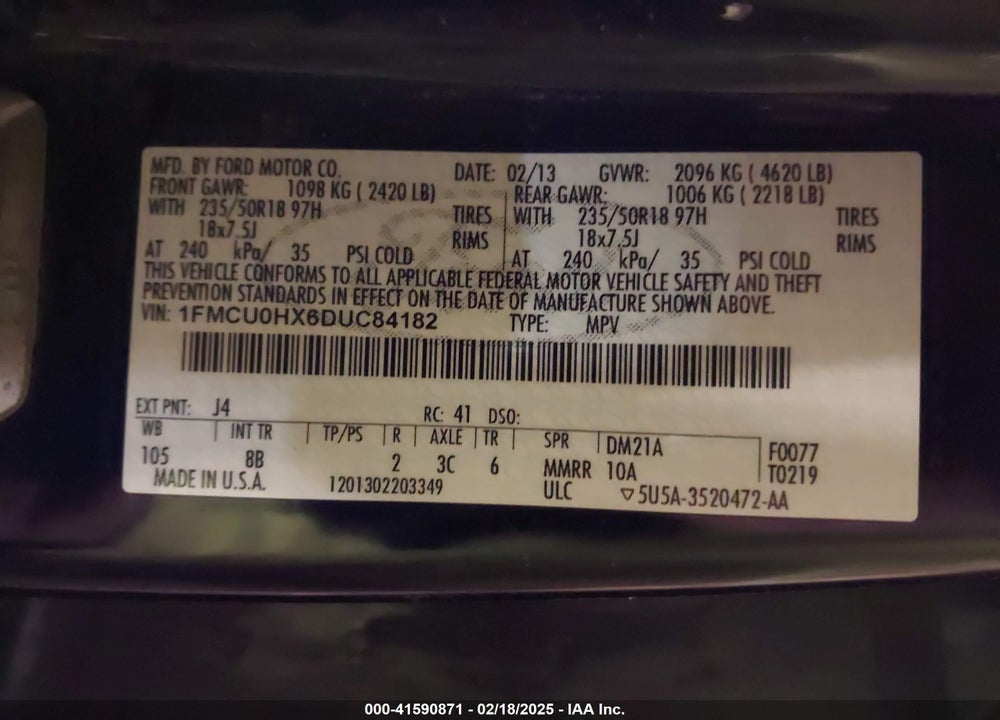 2013 FORD ESCAPE VIN: 1FMCU0HX6DUC84182