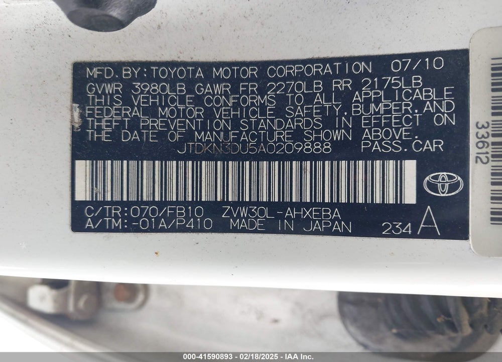 2010 TOYOTA PRIUS II VIN: JTDKN3DU5A0209888