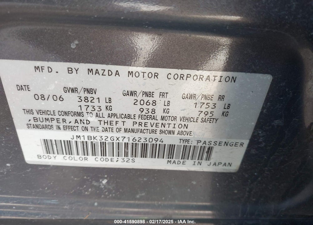 2007 MAZDA MAZDA3 VIN: JM1BK32GX71623094