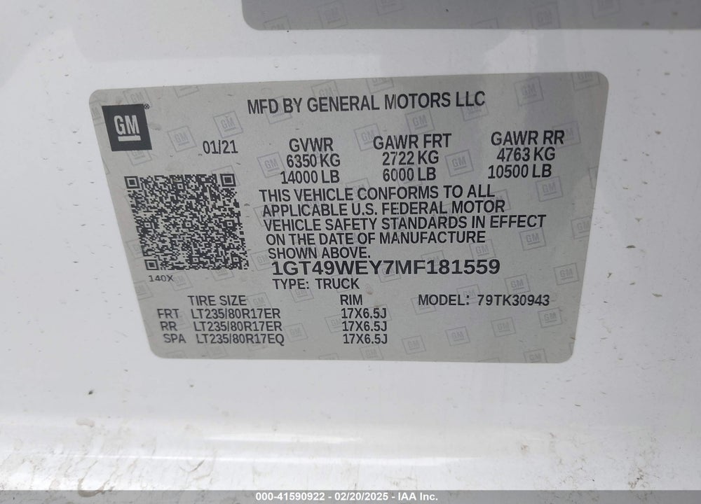 2021 GMC SIERRA 3500HD 4WD  LONG BED DENALI VIN: 1GT49WEY7MF181559