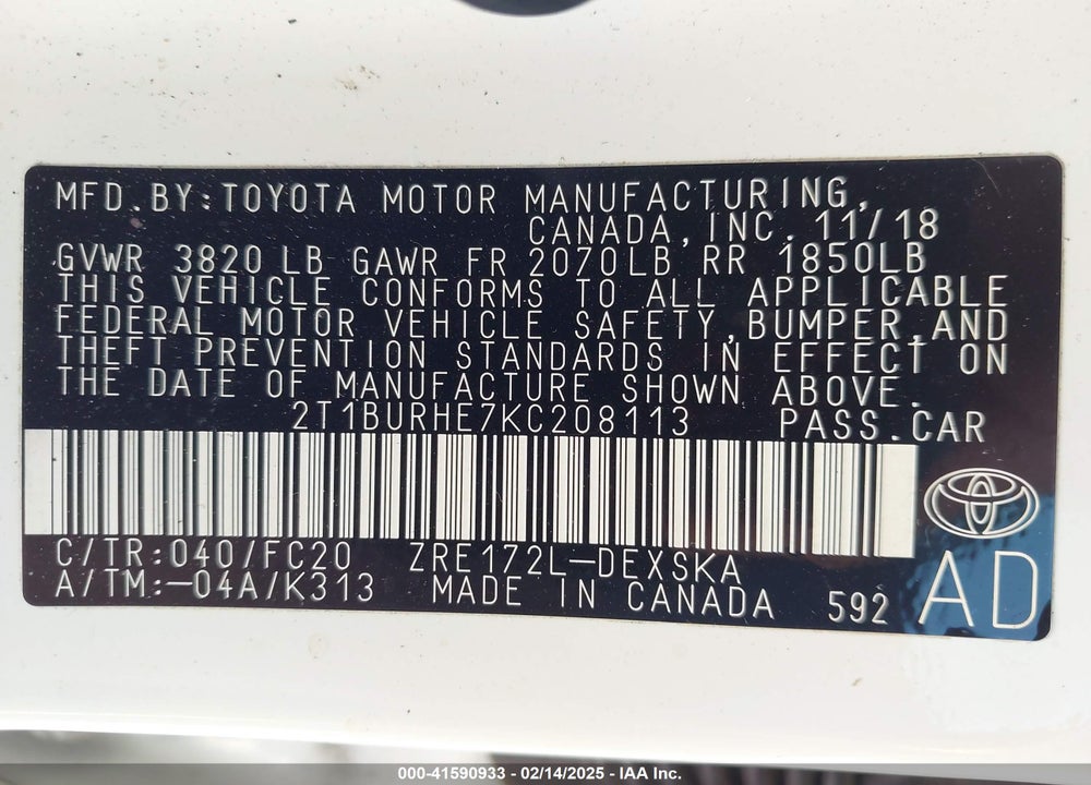 2019 TOYOTA COROLLA VIN: 2T1BURHE7KC208113