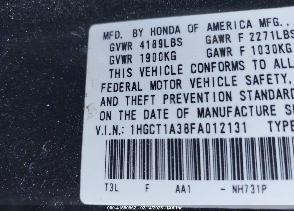 2015 HONDA ACCORD VIN: 1HGCT1A38FA012131