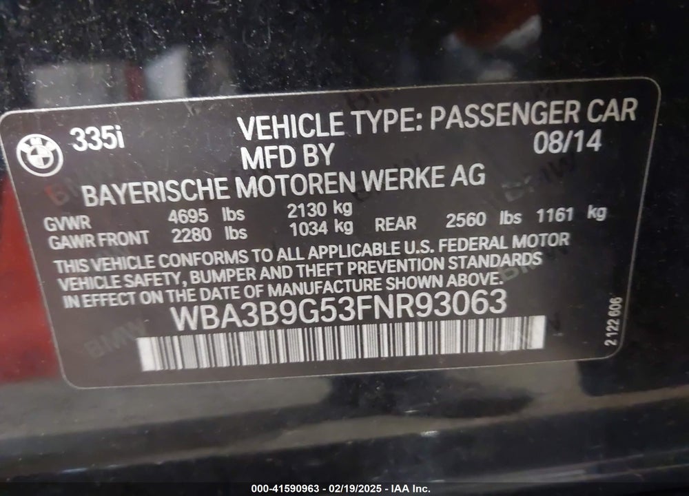 2015 BMW 335I XDRIVE VIN: WBA3B9G53FNR93063