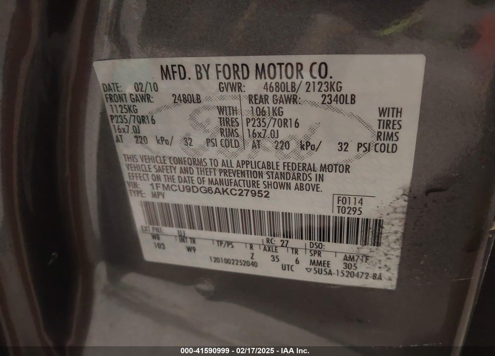 2010 FORD ESCAPE XLT VIN: 1FMCU9DG6AKC27952