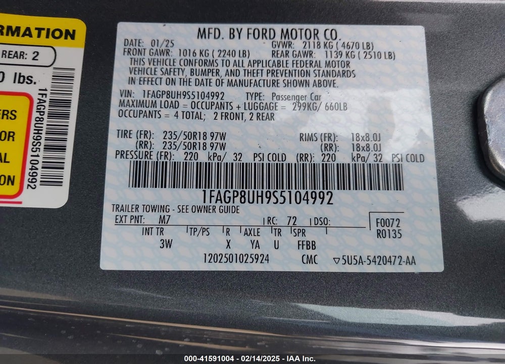 2025 FORD MUSTANG ECOBOOST PREMIUM VIN: 1FAGP8UH9S5104992