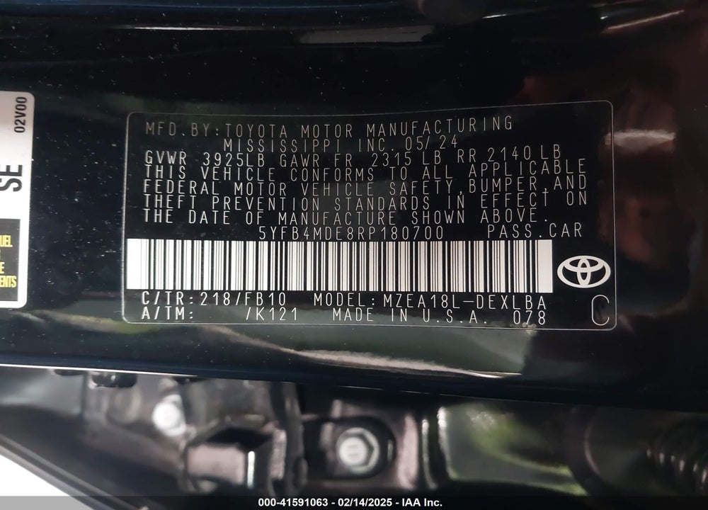 2024 TOYOTA COROLLA LE VIN: 5YFB4MDE8RP180700