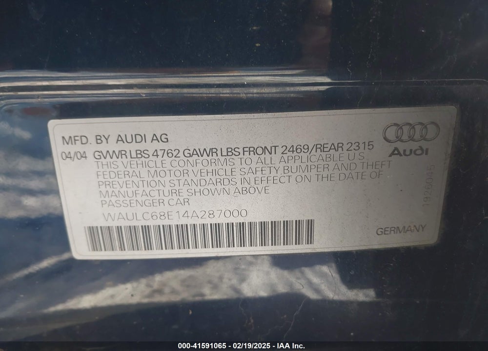 2004 AUDI A4 VIN: WAULC68E14A287000