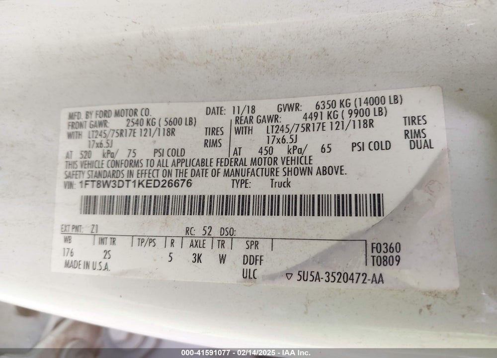 2019 FORD F-350 XLT VIN: 1FT8W3DT1KED26676